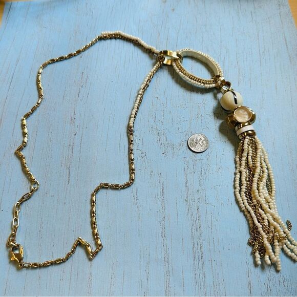 Ivory Gold Beaded Tassel Necklace - Picture 1 of 5